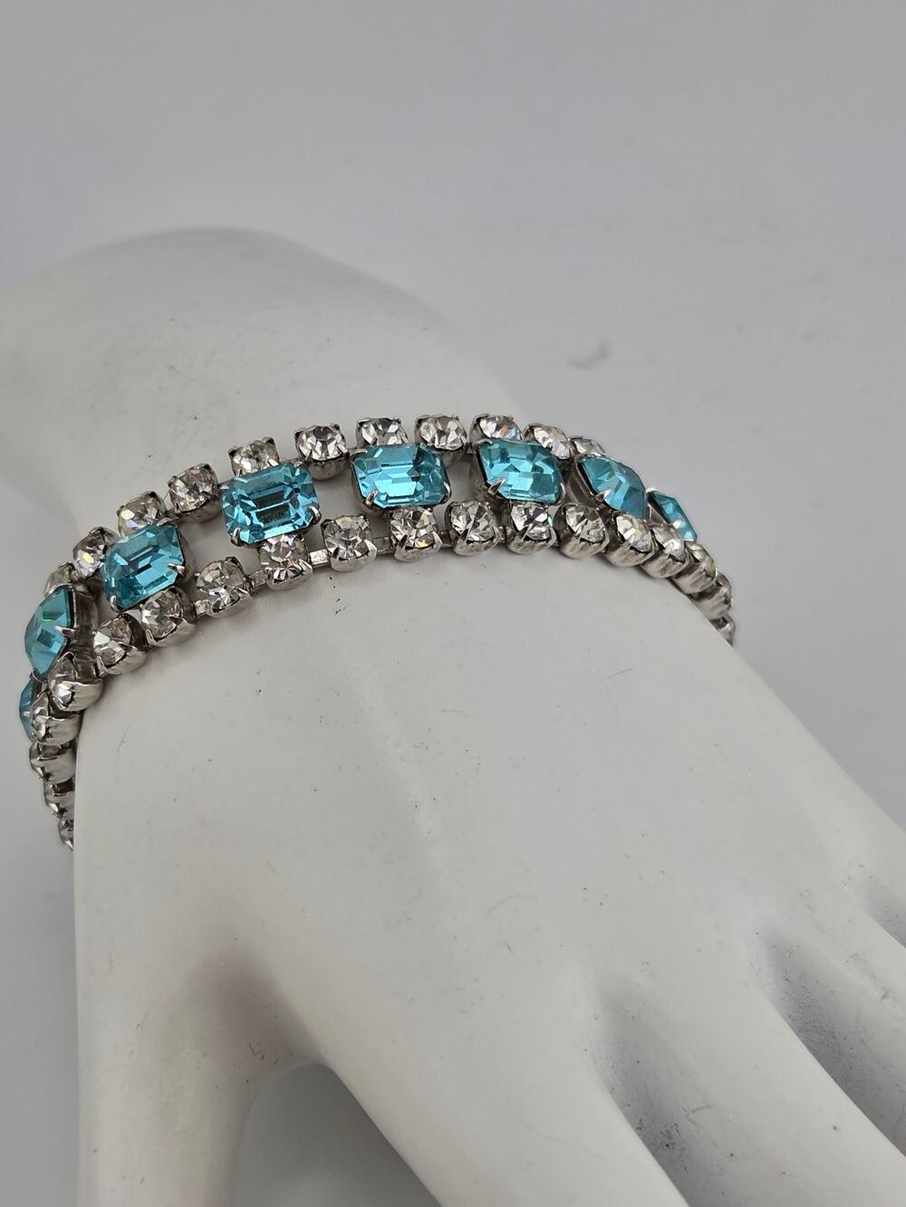 Vintage Aqua Blue Clear Rhinestone Bracelet Prong Set Safety Chain 1950s